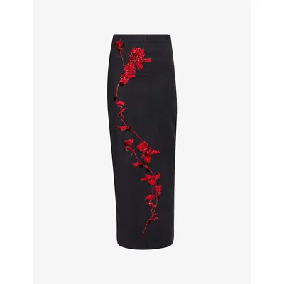 Alberta Ferretti Womens Grey Floral-embroidery High-waist Stretch-wool Blend Midi Skirt In Black