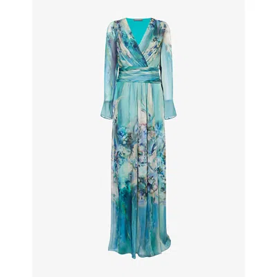 Alberta Ferretti Womens Multi Blue Floral Pleated Silk Maxi Dress