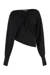 Alberta Ferretti Asymmetrical Top With Draped Satin Neckline And Virgin Wool Body In Black