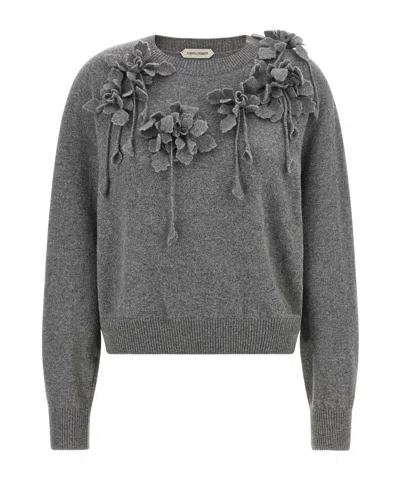 Alberta Ferretti Wool Sweater With Raised Embroidered Flowers In Gray