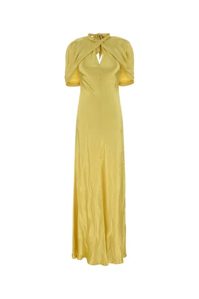 Alberta Ferretti Satin Long Dress Keyhole Neckline Cape In Gold