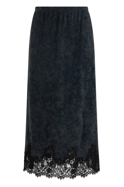 Alberta Ferretti -inspired Long Flared Skirt With Lace Hem Details In Blue