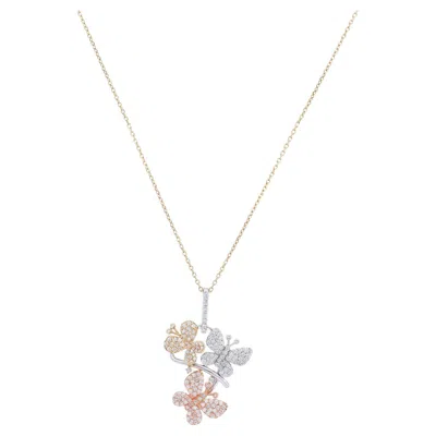 Pre-owned Alberto 1.60 Ctw White Diamond Butterfly Pendant Necklace In 14k Tri-color Gold