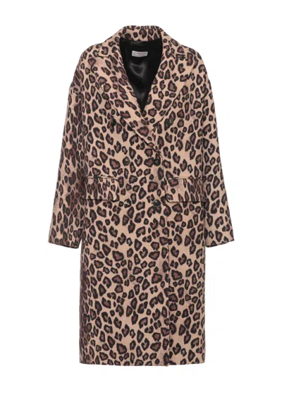 Alberto Biani Animal Print Double-button Long Wool Coat In Multi