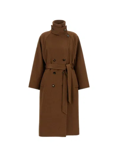 Alberto Biani Double-breasted Belted Coat In Brown