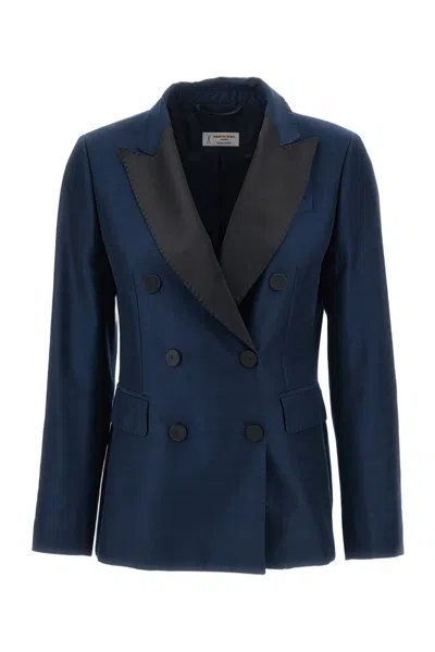 Alberto Biani Blue Iridescent Satin Double-breasted Tuxedo Blazer