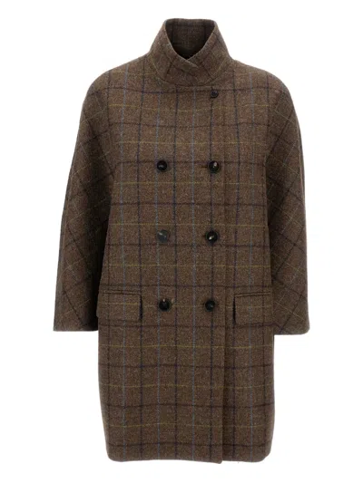 Alberto Biani Double-breasted Checked-pattern Coat In Brown