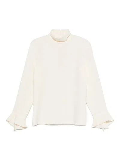 Alberto Biani High-neck Bell-sleeve Blouse In Neutral