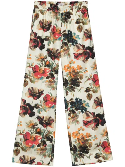 Alberto Biani Floral Silk Straight Trousers In White