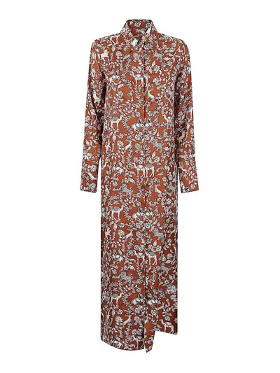 Alberto Biani Silk Long Printed Dress In Brown