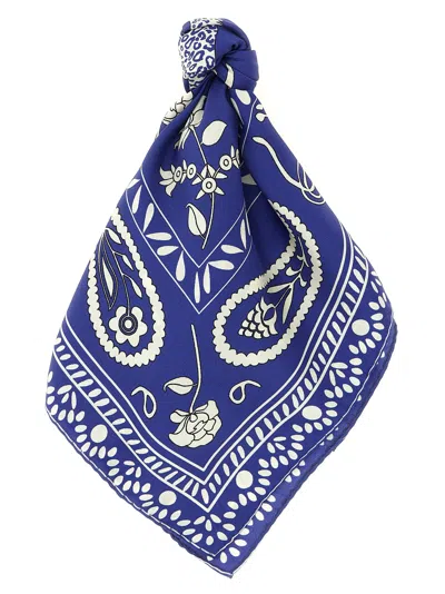 Alberto Biani Silk Scarf Bird Floral Horse Leopard In Blue