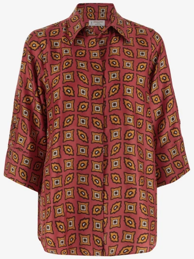 Alberto Biani Silk Shirt With Geometric Pattern In Coral Red