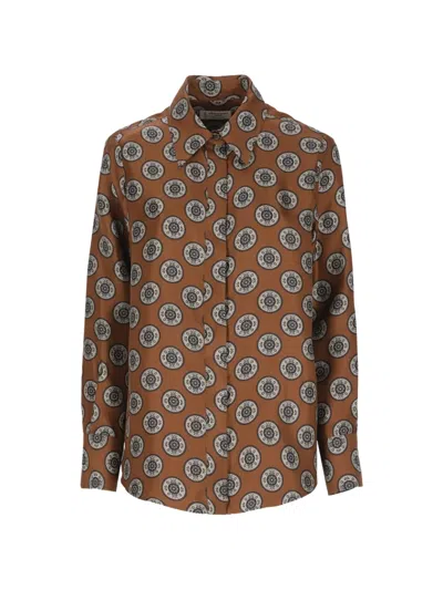 Alberto Biani Brown Spherical Print Classic Collar Silk Shirt