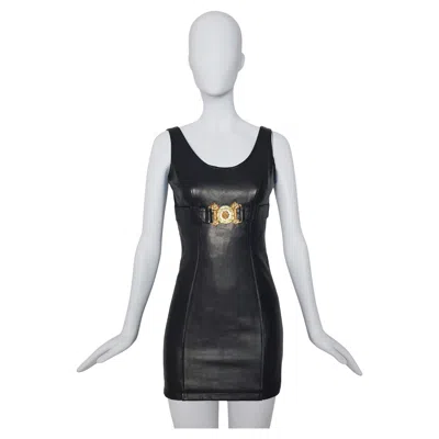 Pre-owned Alberto Bini 1990 Leather Mini Dress With Gold Tone Lion New With Tag In Black