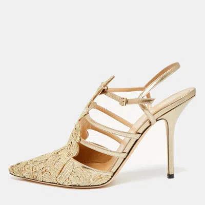 Pre-owned Alberto Fermani Size 40 Gold Metallic Leather And Metallic Lurex Fabric Pointed Toe Slingback Pumps