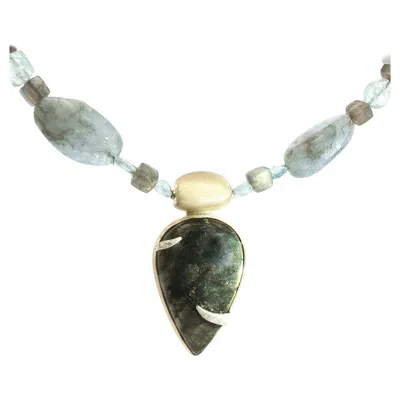 Pre-owned Alberto Gold Labradorite And Aquamarine Gemstone Necklace With Teardrop Pendant, 22 Inch In Multi