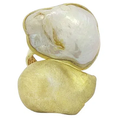 Pre-owned Alberto Gold Plated Mother Of Pearl Statement Ring With Adjustable Band In Multi