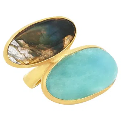Pre-owned Alberto Gold Plated Oval Aquamarine Labradorite Gemstone Ring With Adjustable Band In Multi