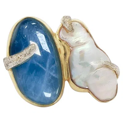 Pre-owned Alberto Gold Plated Oval Aquamarine Mother Of Pearl Cocktail Ring With Adjustable Band In Multi