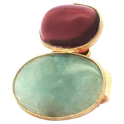 Pre-owned Alberto Gold Plated Oval Aquamarine Quartz Cocktail Ring With Adjustable Band In Multi