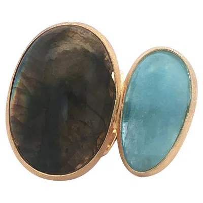 Pre-owned Alberto Gold Plated Oval Labradorite Aquamarine Cocktail Ring Adjustable Band In Multi
