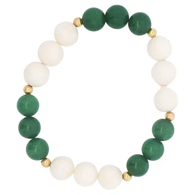 Pre-owned Alberto Green Malachite And White Coral Stretch Bracelet With 14k Yellow Gold Beads