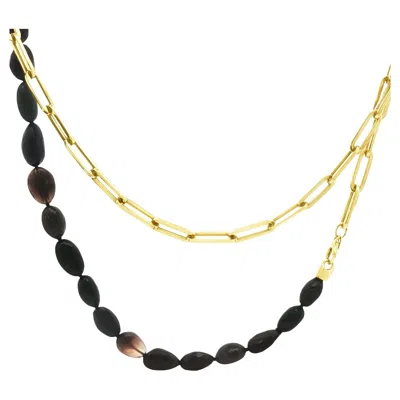 Pre-owned Alberto Long Black Opal Bead And 14k Gold Link Necklace – 32 Inch Layered Necklace