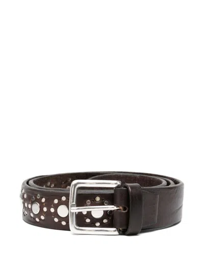 Alberto Luti Dark Brown Leather Belt With Studs  In Red