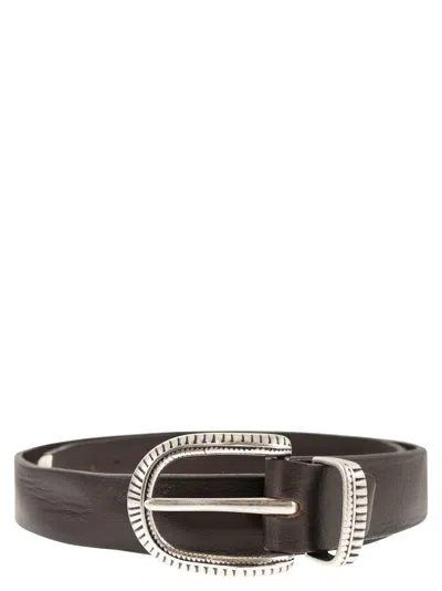 Alberto Luti Hammered Leather Belt With Chiselled Buckle In Brown