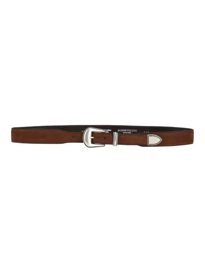 Alberto Luti Slim Western Silver Buckle Suede Belt In Brown