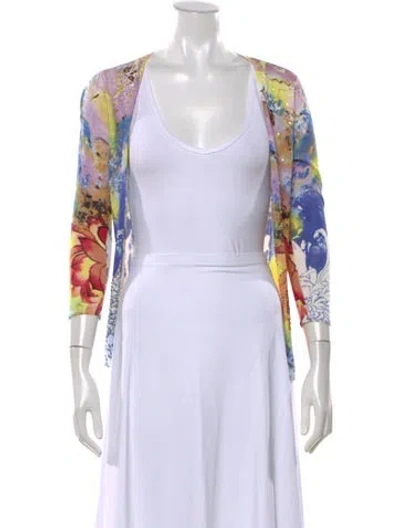Pre-owned Alberto Makali Floral Print Open Front Sweater In White