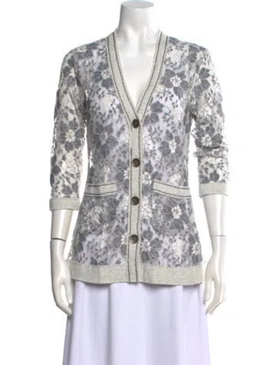 Pre-owned Alberto Makali Floral Print V-neck Button-up Top In Gray
