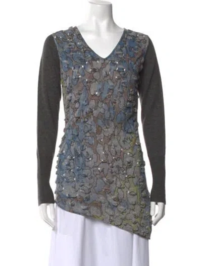 Pre-owned Alberto Makali Floral Print V-neck Sweater In Grey