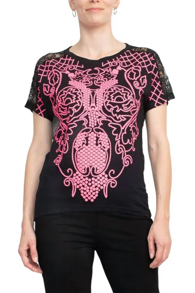 Alberto Makali Short Sleeve Embroidered Spandex Top In Pink In Black