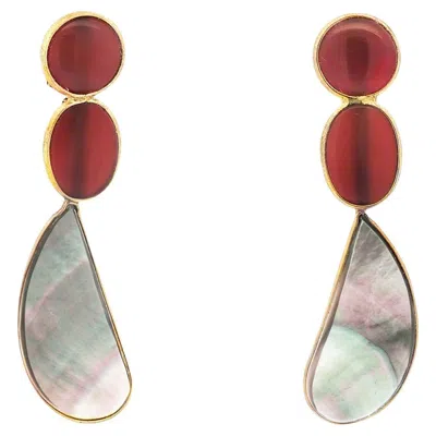 Pre-owned Alberto Red Quartz Labradorite Drop Earrings In Gold Plated Silver