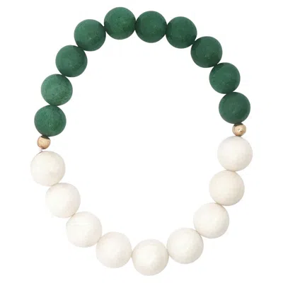Pre-owned Alberto Round Malachite And White Coral Beaded Bracelet With 14k Yellow Gold Accents