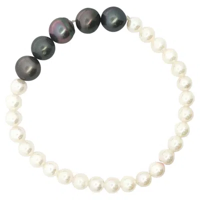Pre-owned Alberto White And Black Pearl Stretch Bracelet In Comfort Fit For Up To 8-inch Wrist