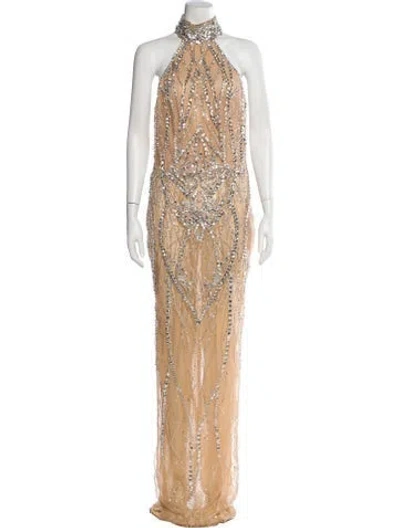 Pre-owned Albina Dyla Halterneck Long Dress In Neutral