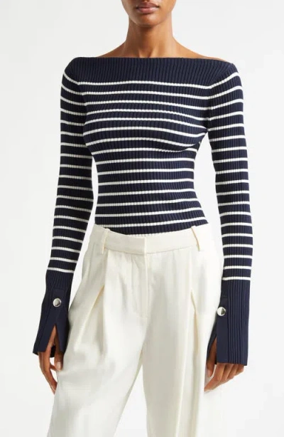 A.l.c . Anya Stripe Rib Boat Neck Sweater In Dark Saphire/white