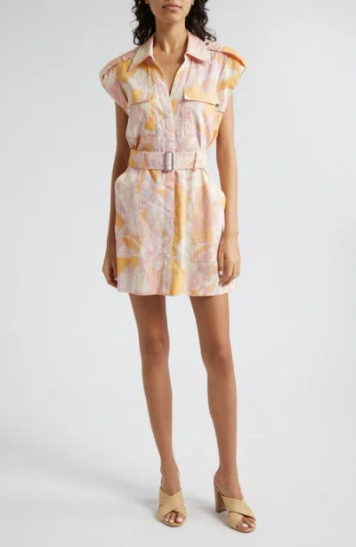A.l.c Ava Ii Belted Printed Linen-blend Mini Shirt Dress In Cumin/ Lilac