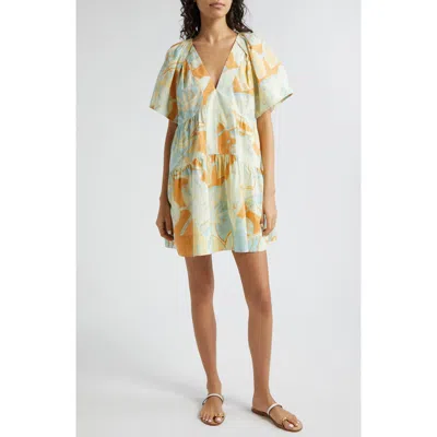 A.l.c . Camila Printed Tiered Cotton Minidress In Cumin/ Sea Glass