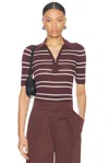 A.l.c . Cooper Stripe Knit Polo In Carob & White Wide Stripe