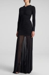 A.l.c . Fawn Shirred Long Sleeve Trumpet Gown In Black