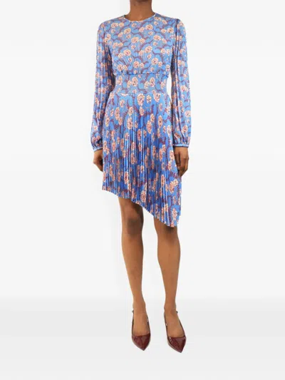 Pre-owned A.l.c Floral-print Pleated Mini Dress In Blue