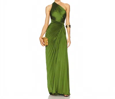 A.l.c Lara One-shoulder Plissé Satin Gown In Ivy In Green