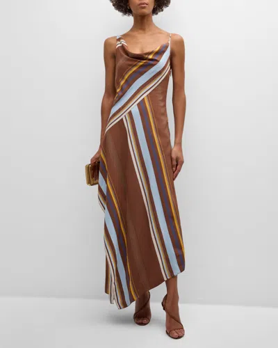 A.l.c Lauren Asymmetric Stripe Cowl-neck Sleeveless Midi Dress In Brown