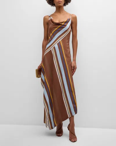 A.l.c Lauren Asymmetric Stripe Cowl-neck Sleeveless Midi Dress In Brown Stripe