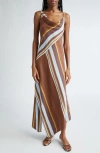 A.l.c Lauren Asymmetric Stripe Cowl-neck Sleeveless Midi Dress In Brown Stripe