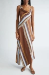 A.l.c Lauren Asymmetric Stripe Cowl-neck Sleeveless Midi Dress In Brown Stripe