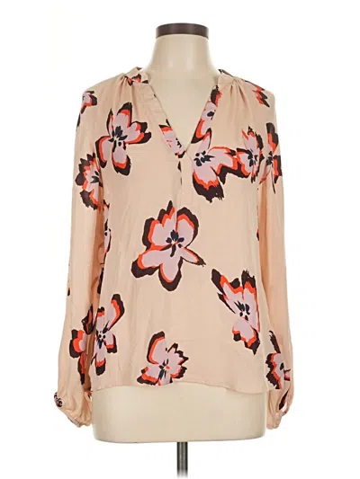 Pre-owned A.l.c Long Sleeve Silk Top Tan Floral Pattern Plunge Neckline Tops In Brown